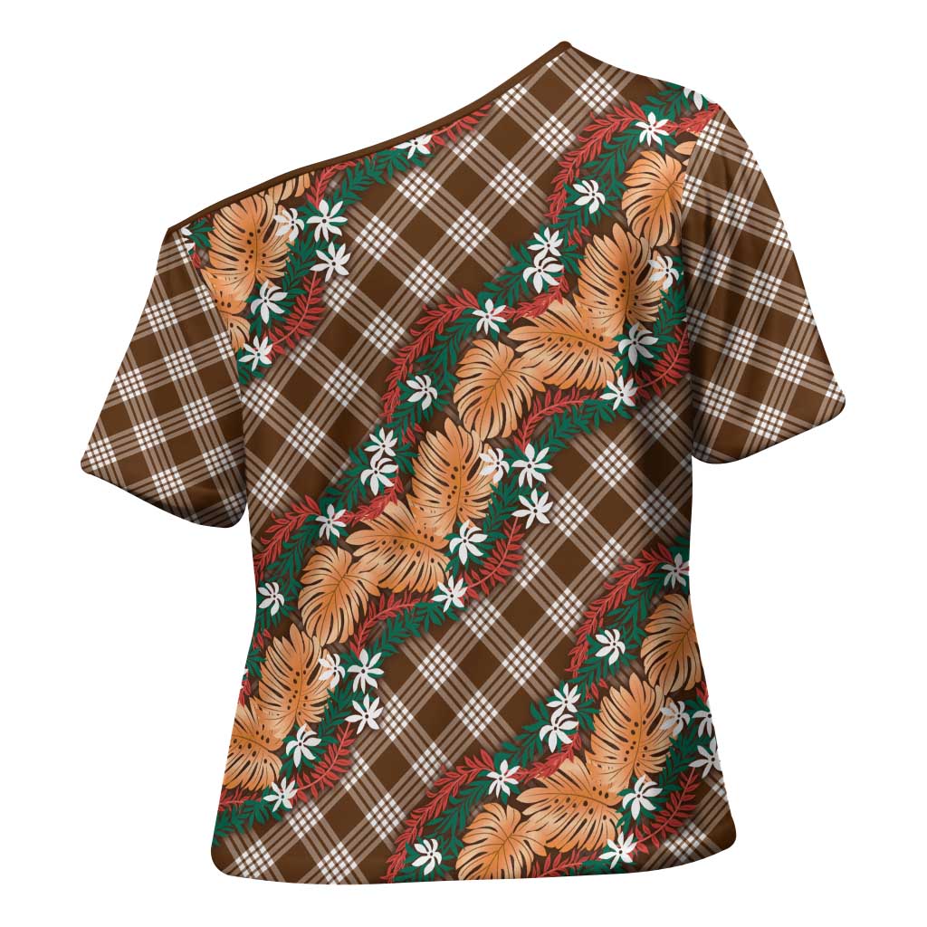 Polynesian Monstera Tiare Floral Cross Shoulder Shirt Chocolate Brown Tropical Plaid LT01 - Polynesian Pride