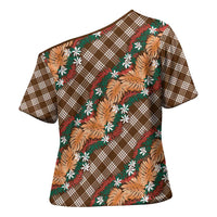 Polynesian Monstera Tiare Floral Cross Shoulder Shirt Chocolate Brown Tropical Plaid LT01 - Polynesian Pride