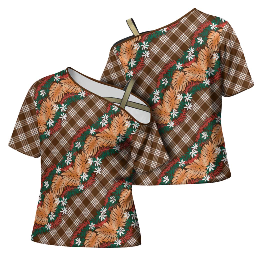 Polynesian Monstera Tiare Floral Cross Shoulder Shirt Chocolate Brown Tropical Plaid LT01 - Polynesian Pride