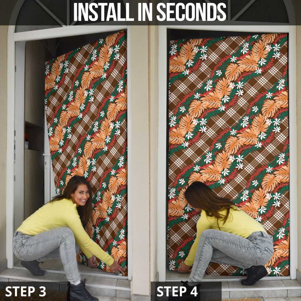 Polynesian Monstera Tiare Floral Door Cover Chocolate Brown Tropical Plaid - Polynesian Pride