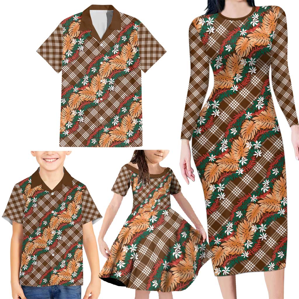 Polynesian Monstera Tiare Floral Family Matching Long Sleeve Bodycon Dress and Hawaiian Shirt Chocolate Brown Tropical Plaid LT01 - Polynesian Pride
