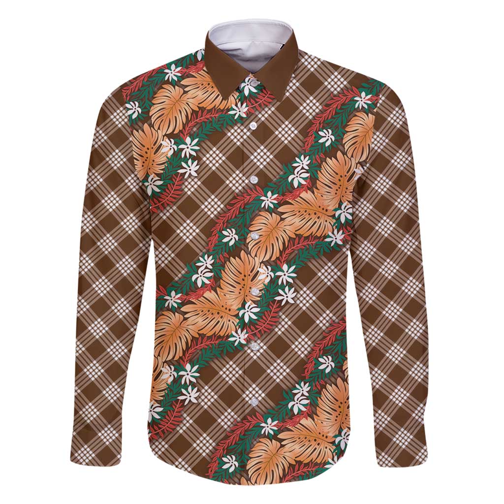 Polynesian Monstera Tiare Floral Family Matching Long Sleeve Bodycon Dress and Hawaiian Shirt Chocolate Brown Tropical Plaid LT01 Dad's Shirt - Long Sleeve Brown - Polynesian Pride