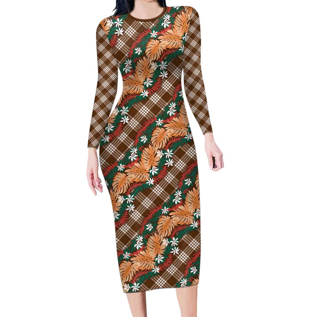 Polynesian Monstera Tiare Floral Family Matching Long Sleeve Bodycon Dress and Hawaiian Shirt Chocolate Brown Tropical Plaid LT01 Mom's Dress Brown - Polynesian Pride
