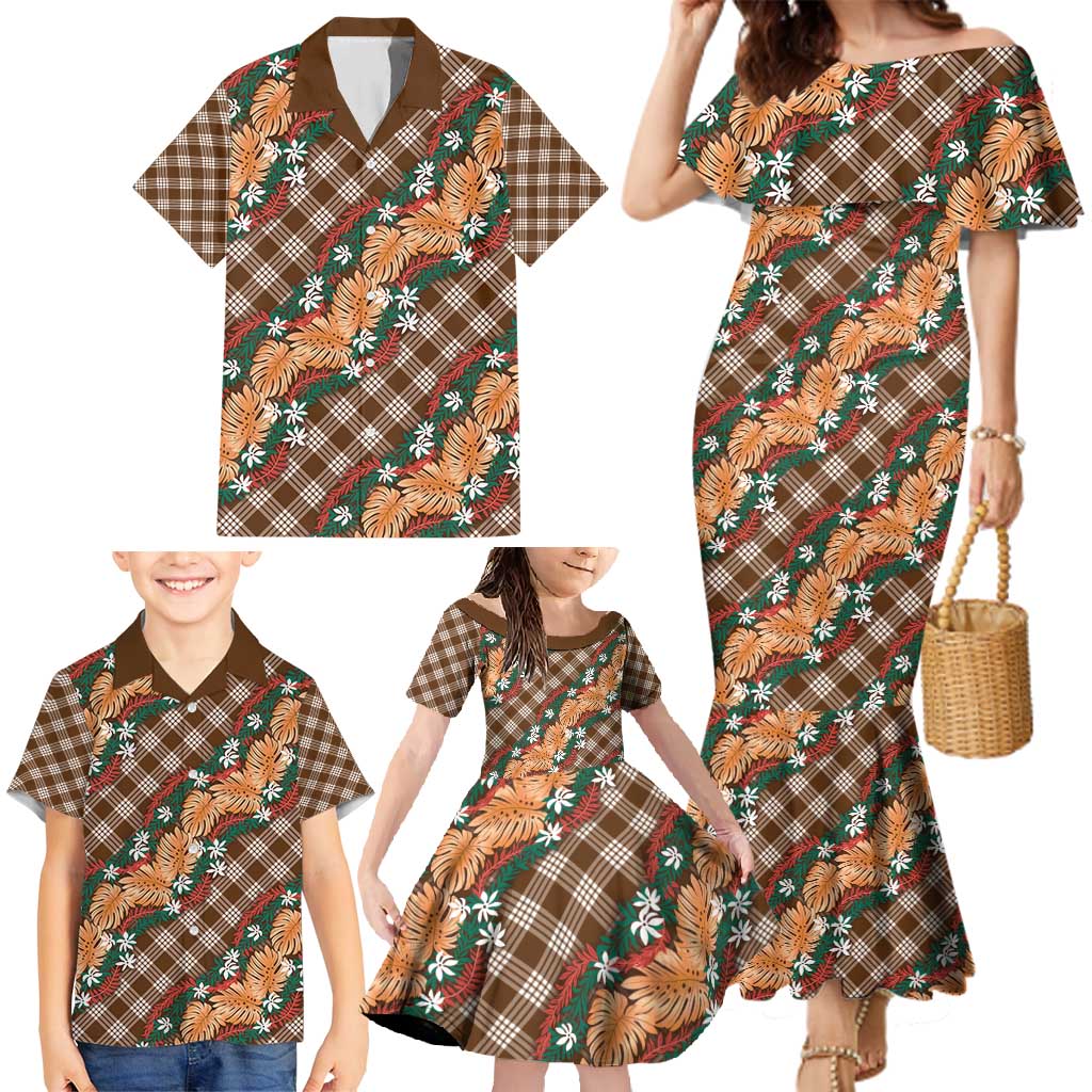 Polynesian Monstera Tiare Floral Family Matching Mermaid Dress and Hawaiian Shirt Chocolate Brown Tropical Plaid LT01 - Polynesian Pride