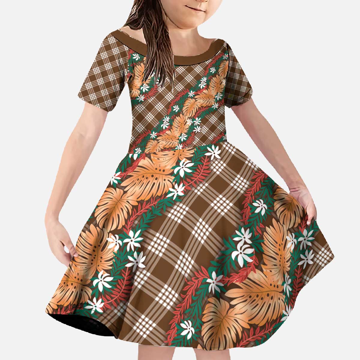 Polynesian Monstera Tiare Floral Family Matching Off The Shoulder Long Sleeve Dress and Hawaiian Shirt Chocolate Brown Tropical Plaid LT01 Daughter's Dress Brown - Polynesian Pride