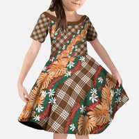 Polynesian Monstera Tiare Floral Family Matching Off The Shoulder Long Sleeve Dress and Hawaiian Shirt Chocolate Brown Tropical Plaid LT01 Daughter's Dress Brown - Polynesian Pride