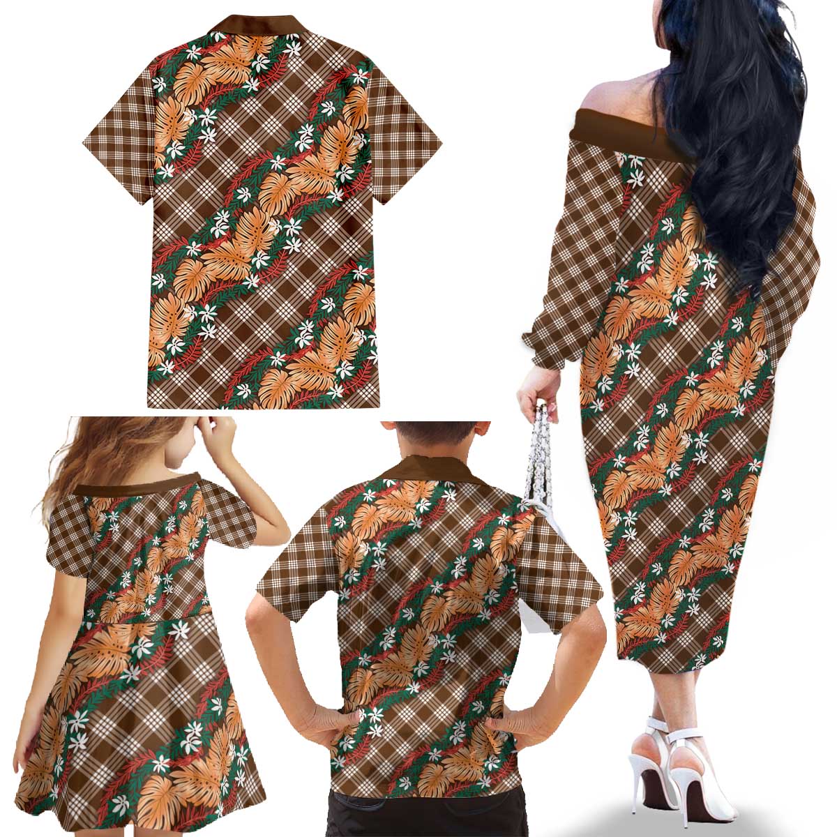 Polynesian Monstera Tiare Floral Family Matching Off The Shoulder Long Sleeve Dress and Hawaiian Shirt Chocolate Brown Tropical Plaid LT01 - Polynesian Pride