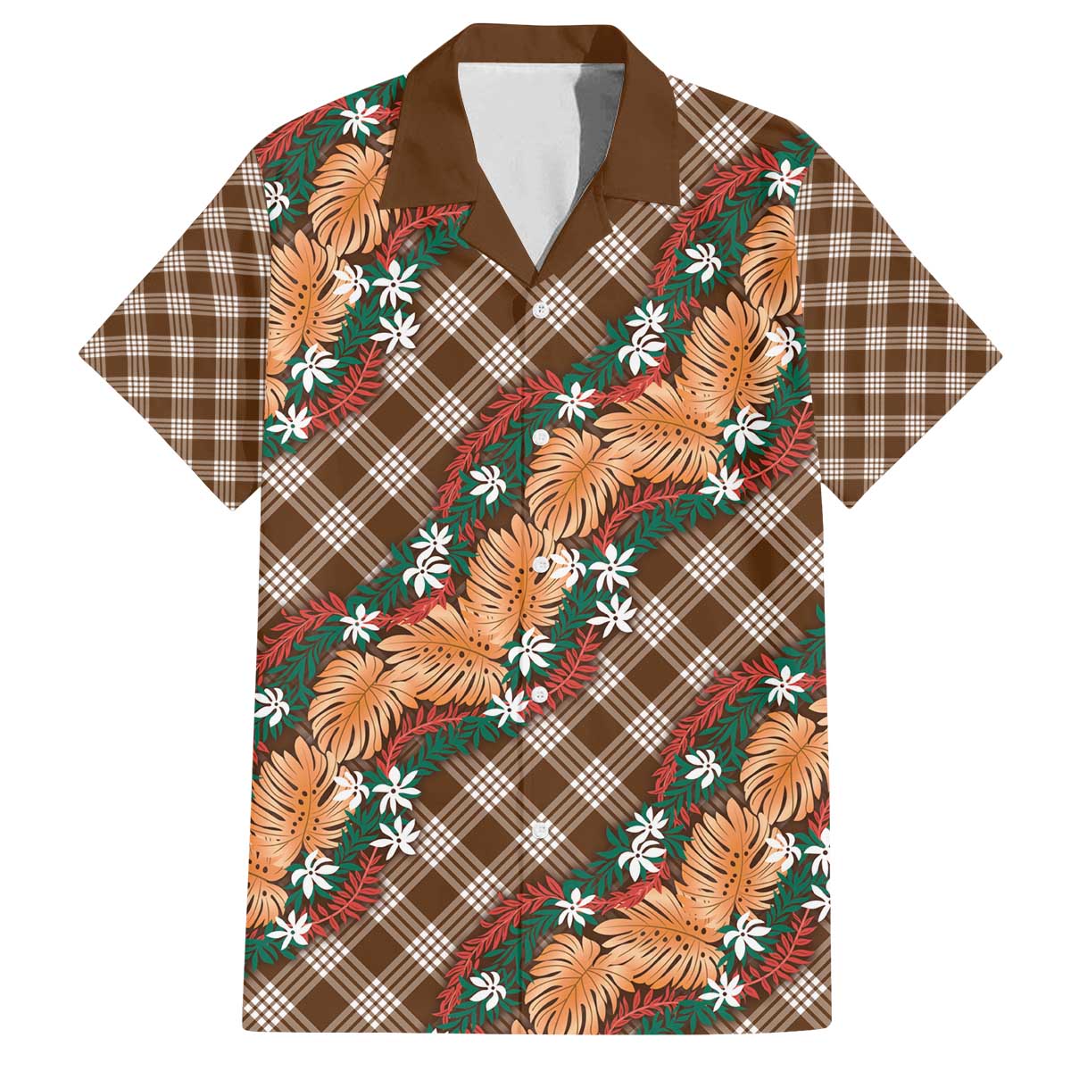 Polynesian Monstera Tiare Floral Family Matching Off The Shoulder Long Sleeve Dress and Hawaiian Shirt Chocolate Brown Tropical Plaid LT01 Dad's Shirt - Short Sleeve Brown - Polynesian Pride