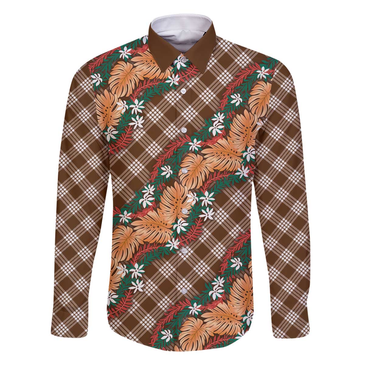 Polynesian Monstera Tiare Floral Family Matching Off The Shoulder Long Sleeve Dress and Hawaiian Shirt Chocolate Brown Tropical Plaid LT01 Dad's Shirt - Long Sleeve Brown - Polynesian Pride