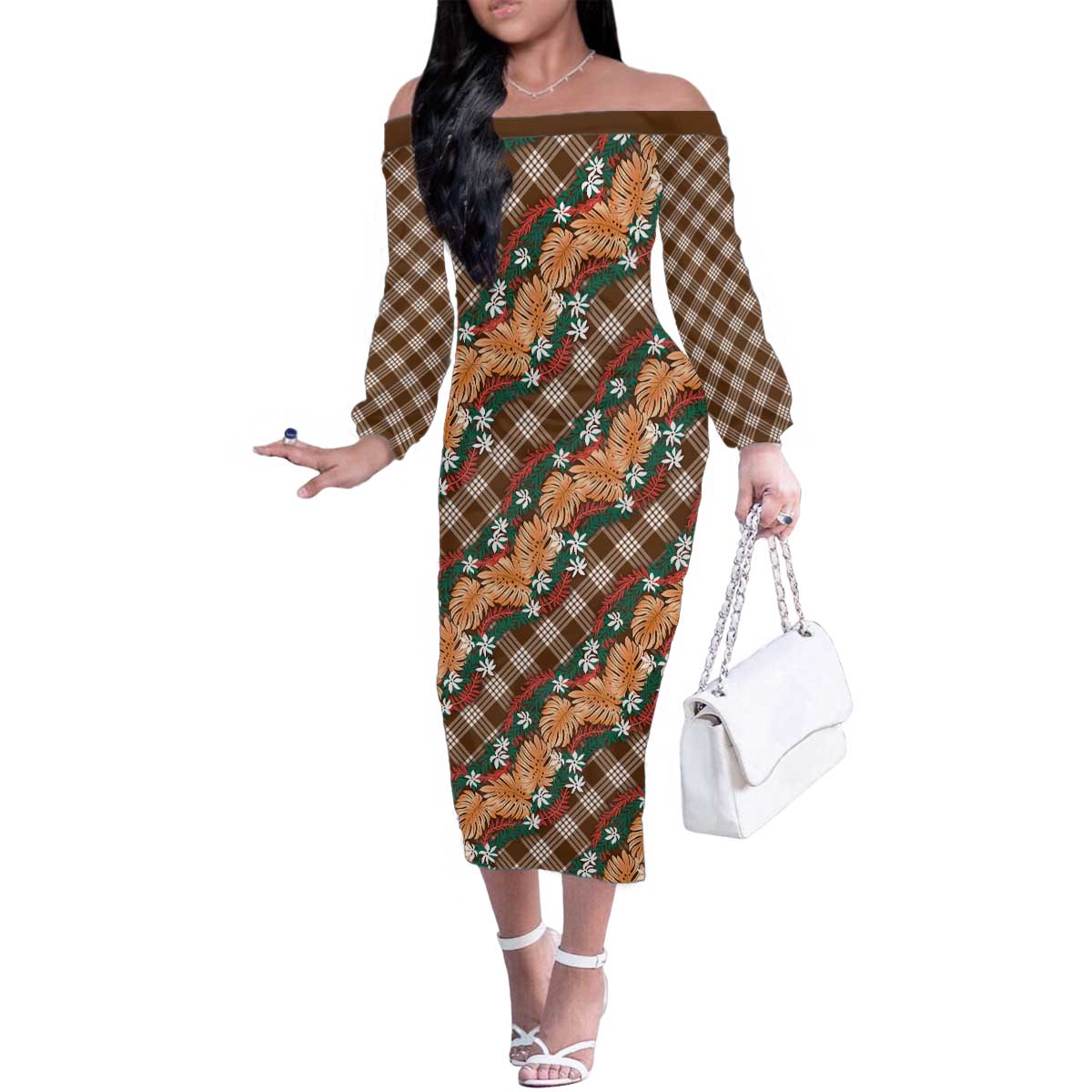 Polynesian Monstera Tiare Floral Family Matching Off The Shoulder Long Sleeve Dress and Hawaiian Shirt Chocolate Brown Tropical Plaid LT01 Mom's Dress Brown - Polynesian Pride