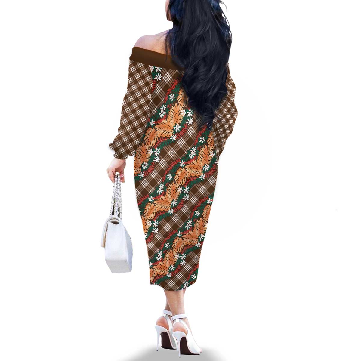 Polynesian Monstera Tiare Floral Family Matching Off The Shoulder Long Sleeve Dress and Hawaiian Shirt Chocolate Brown Tropical Plaid LT01 - Polynesian Pride