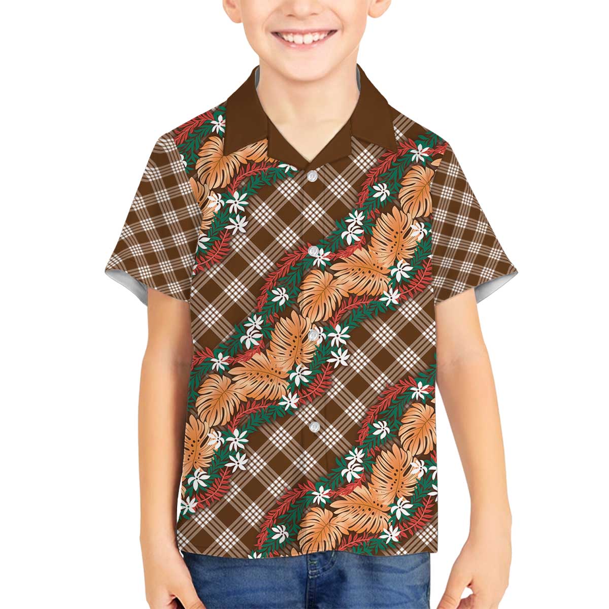 Polynesian Monstera Tiare Floral Family Matching Off The Shoulder Long Sleeve Dress and Hawaiian Shirt Chocolate Brown Tropical Plaid LT01 Son's Shirt Brown - Polynesian Pride