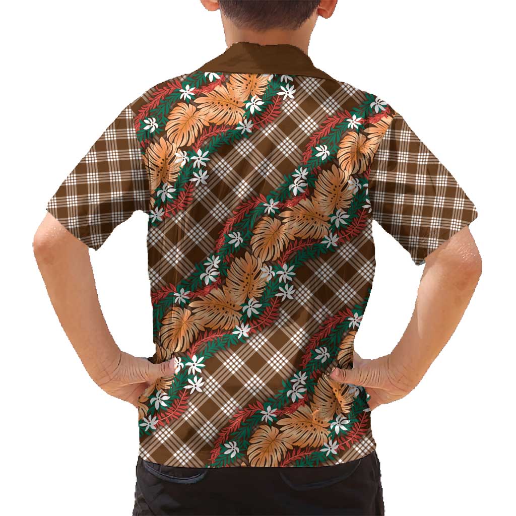 Polynesian Monstera Tiare Floral Family Matching Off Shoulder Maxi Dress and Hawaiian Shirt Chocolate Brown Tropical Plaid LT01 - Polynesian Pride
