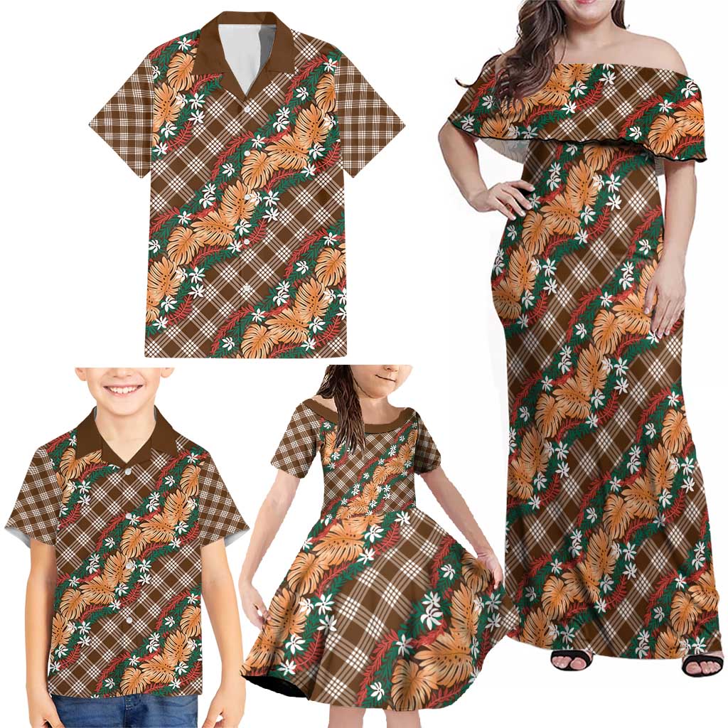 Polynesian Monstera Tiare Floral Family Matching Off Shoulder Maxi Dress and Hawaiian Shirt Chocolate Brown Tropical Plaid LT01 - Polynesian Pride
