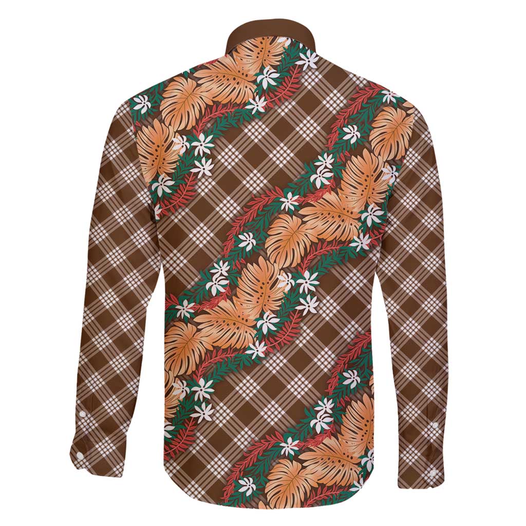 Polynesian Monstera Tiare Floral Family Matching Off Shoulder Maxi Dress and Hawaiian Shirt Chocolate Brown Tropical Plaid LT01 - Polynesian Pride