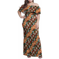 Polynesian Monstera Tiare Floral Family Matching Off Shoulder Maxi Dress and Hawaiian Shirt Chocolate Brown Tropical Plaid LT01 Mom's Dress Brown - Polynesian Pride