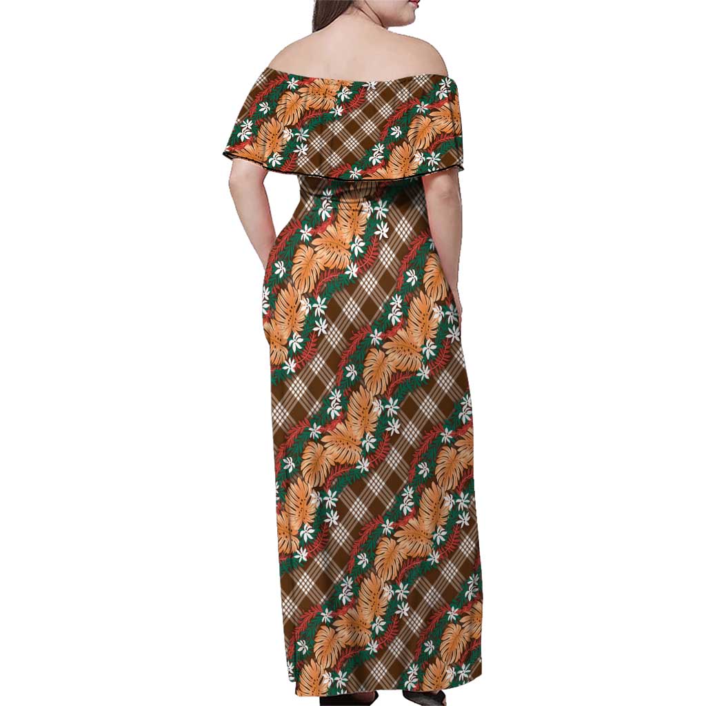 Polynesian Monstera Tiare Floral Family Matching Off Shoulder Maxi Dress and Hawaiian Shirt Chocolate Brown Tropical Plaid LT01 - Polynesian Pride