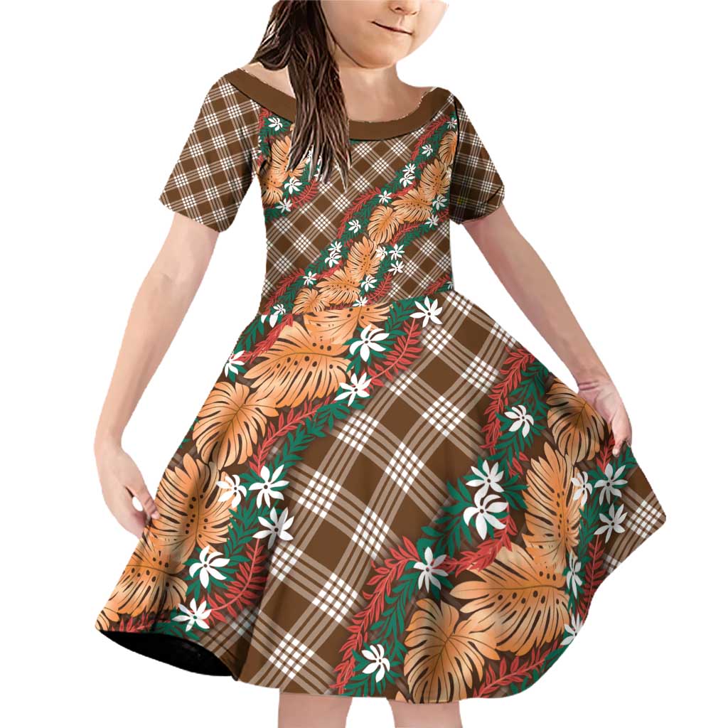 Polynesian Monstera Tiare Floral Family Matching Off Shoulder Short Dress and Hawaiian Shirt Chocolate Brown Tropical Plaid LT01 Daughter's Dress Brown - Polynesian Pride