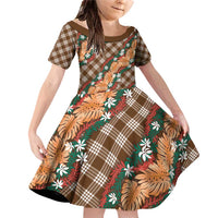 Polynesian Monstera Tiare Floral Family Matching Off Shoulder Short Dress and Hawaiian Shirt Chocolate Brown Tropical Plaid LT01 Daughter's Dress Brown - Polynesian Pride