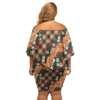 Polynesian Monstera Tiare Floral Family Matching Off Shoulder Short Dress and Hawaiian Shirt Chocolate Brown Tropical Plaid LT01 - Polynesian Pride