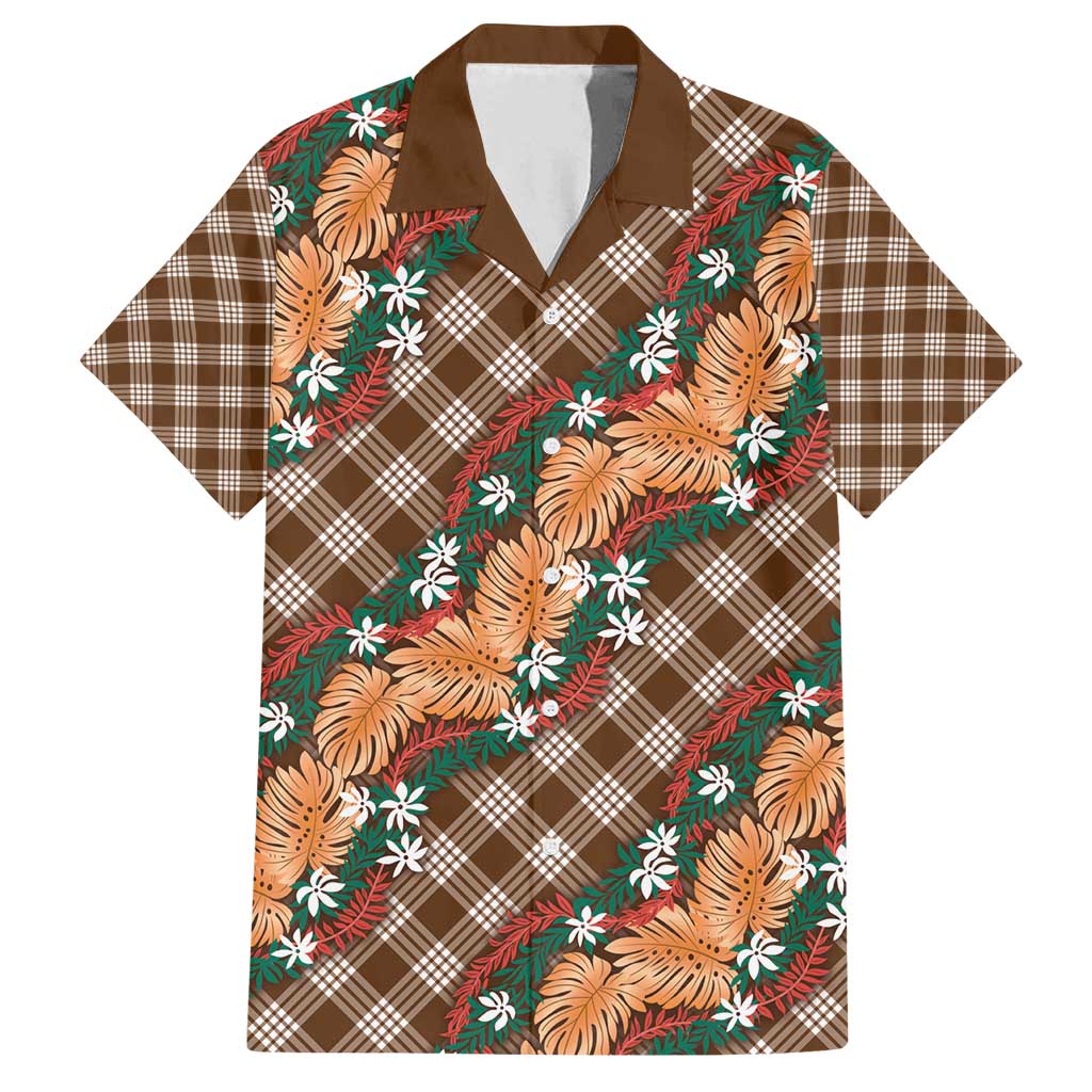 Polynesian Monstera Tiare Floral Family Matching Puletasi and Hawaiian Shirt Chocolate Brown Tropical Plaid LT01 Dad's Shirt - Short Sleeve Brown - Polynesian Pride
