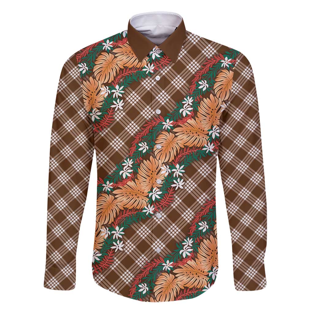 Polynesian Monstera Tiare Floral Family Matching Puletasi and Hawaiian Shirt Chocolate Brown Tropical Plaid LT01 Dad's Shirt - Long Sleeve Brown - Polynesian Pride