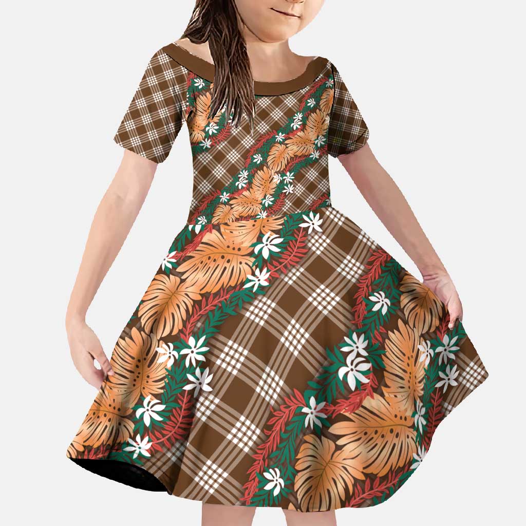 Polynesian Monstera Tiare Floral Family Matching Short Sleeve Bodycon Dress and Hawaiian Shirt Chocolate Brown Tropical Plaid LT01 Daughter's Dress Brown - Polynesian Pride