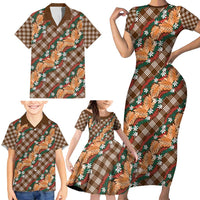 Polynesian Monstera Tiare Floral Family Matching Short Sleeve Bodycon Dress and Hawaiian Shirt Chocolate Brown Tropical Plaid LT01 - Polynesian Pride