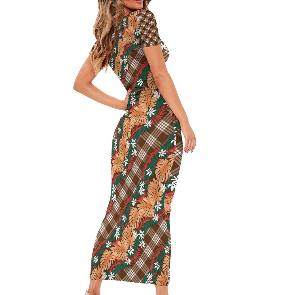 Polynesian Monstera Tiare Floral Family Matching Short Sleeve Bodycon Dress and Hawaiian Shirt Chocolate Brown Tropical Plaid LT01 - Polynesian Pride
