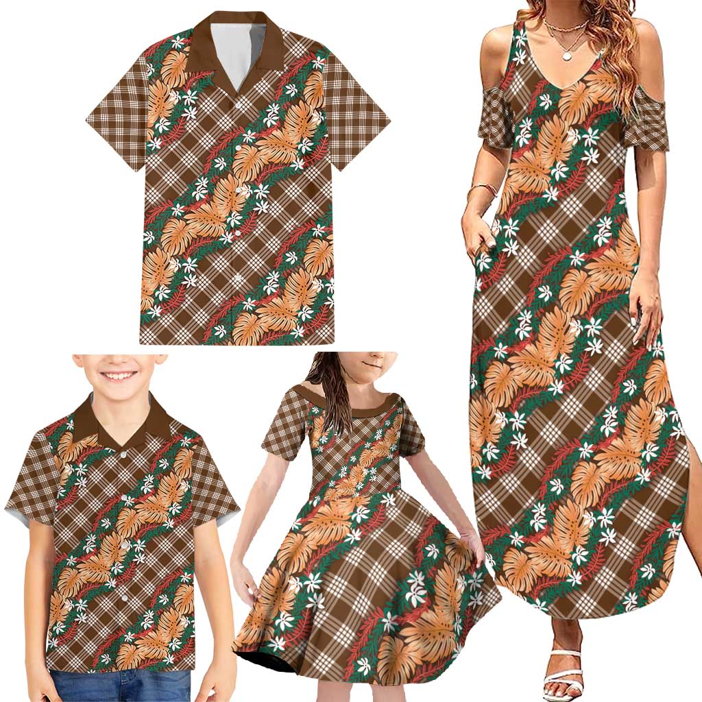 Polynesian Monstera Tiare Floral Family Matching Summer Maxi Dress and Hawaiian Shirt Chocolate Brown Tropical Plaid LT01 - Polynesian Pride