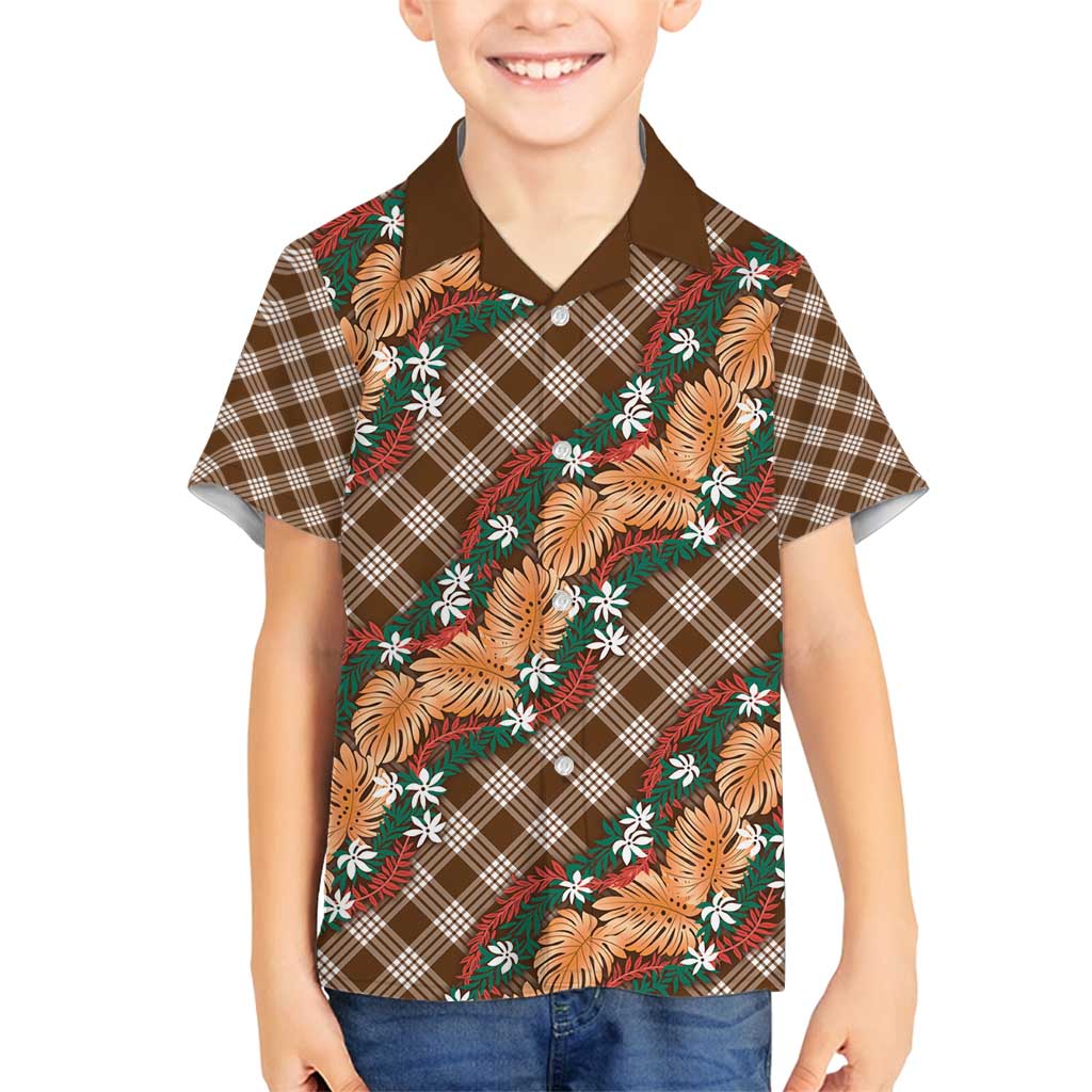 Polynesian Monstera Tiare Floral Family Matching Summer Maxi Dress and Hawaiian Shirt Chocolate Brown Tropical Plaid LT01 Son's Shirt Brown - Polynesian Pride