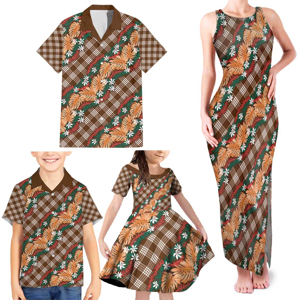 Polynesian Monstera Tiare Floral Family Matching Tank Maxi Dress and Hawaiian Shirt Chocolate Brown Tropical Plaid LT01 - Polynesian Pride