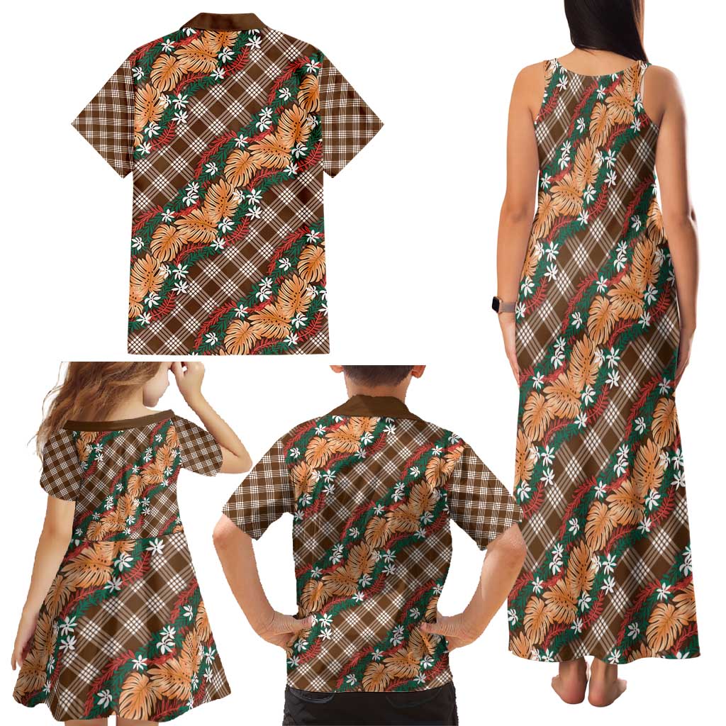 Polynesian Monstera Tiare Floral Family Matching Tank Maxi Dress and Hawaiian Shirt Chocolate Brown Tropical Plaid LT01 - Polynesian Pride