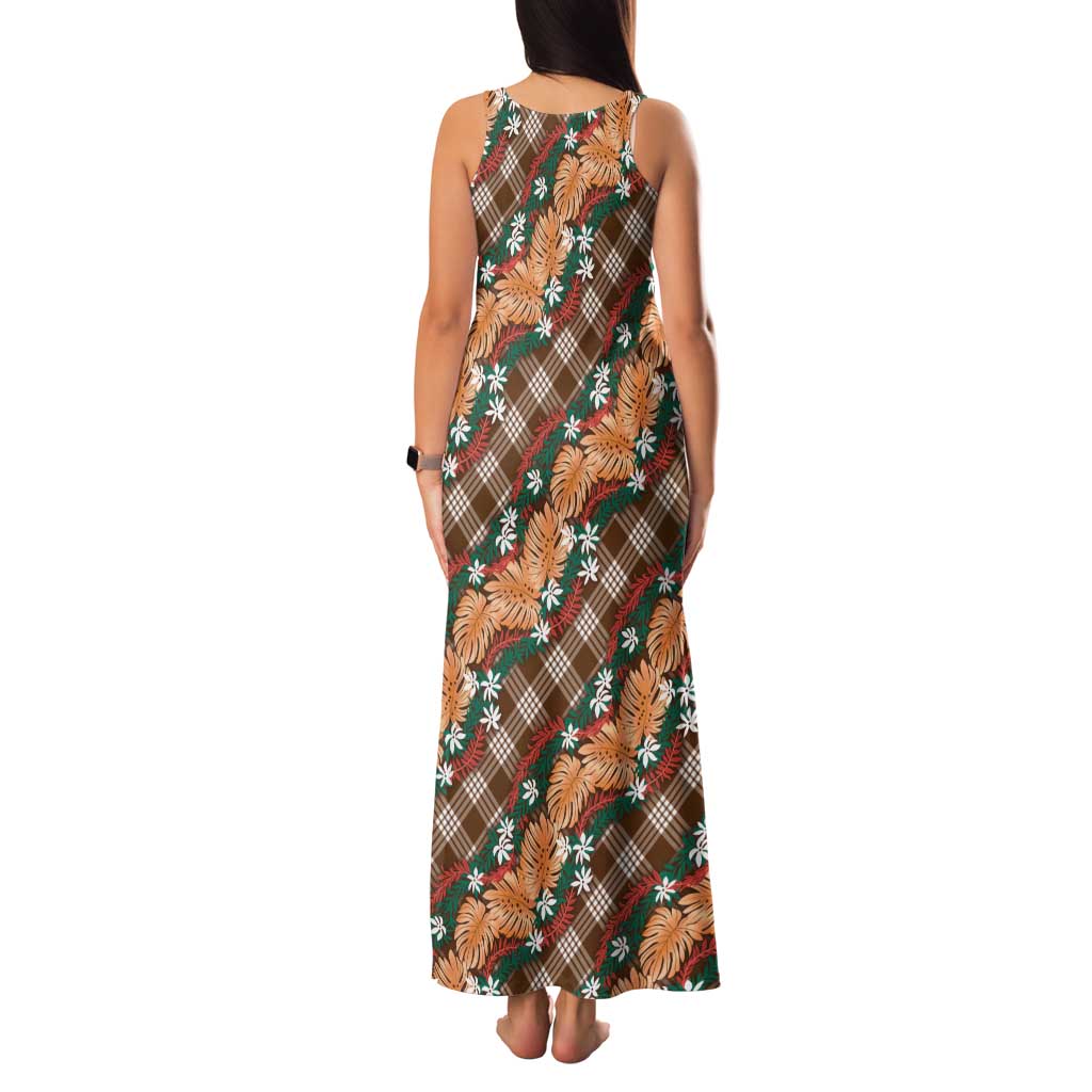 Polynesian Monstera Tiare Floral Family Matching Tank Maxi Dress and Hawaiian Shirt Chocolate Brown Tropical Plaid LT01 - Polynesian Pride