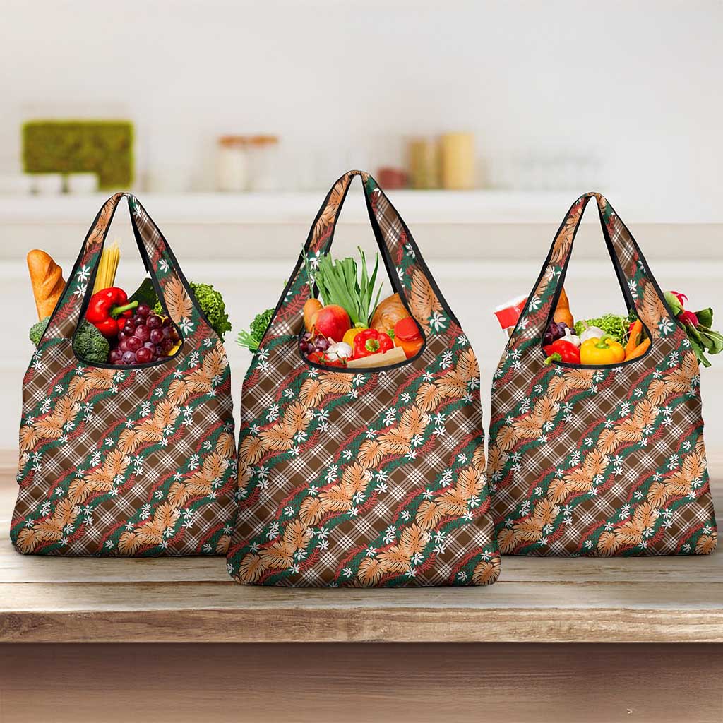 Polynesian Monstera Tiare Floral Grocery Bag Chocolate Brown Tropical Plaid - Polynesian Pride