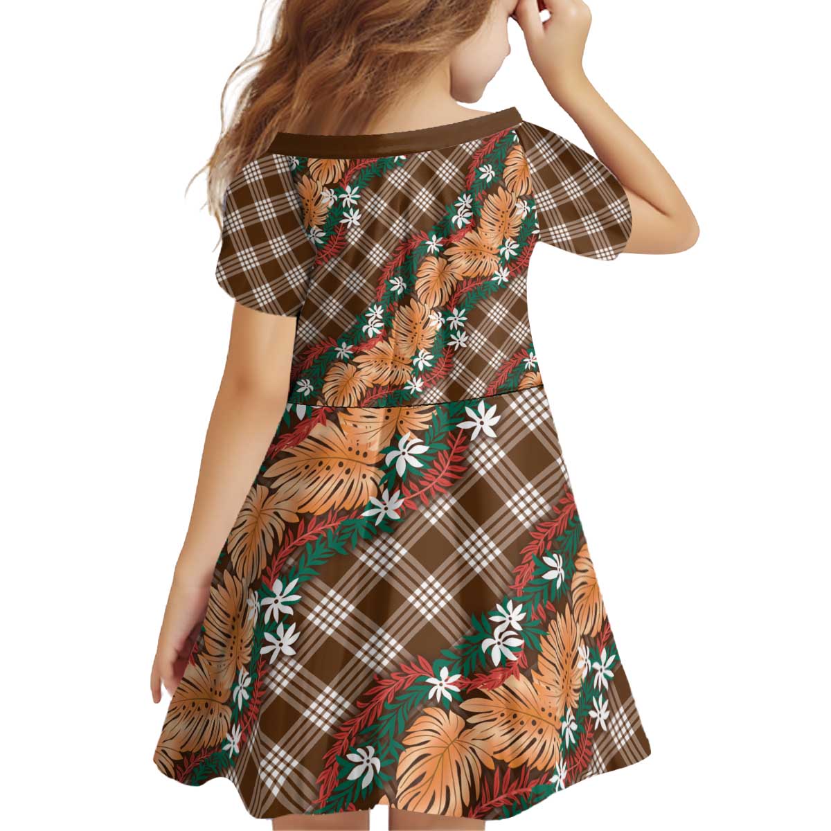 Polynesian Monstera Tiare Floral Kid Short Sleeve Dress Chocolate Brown Tropical Plaid - Polynesian Pride