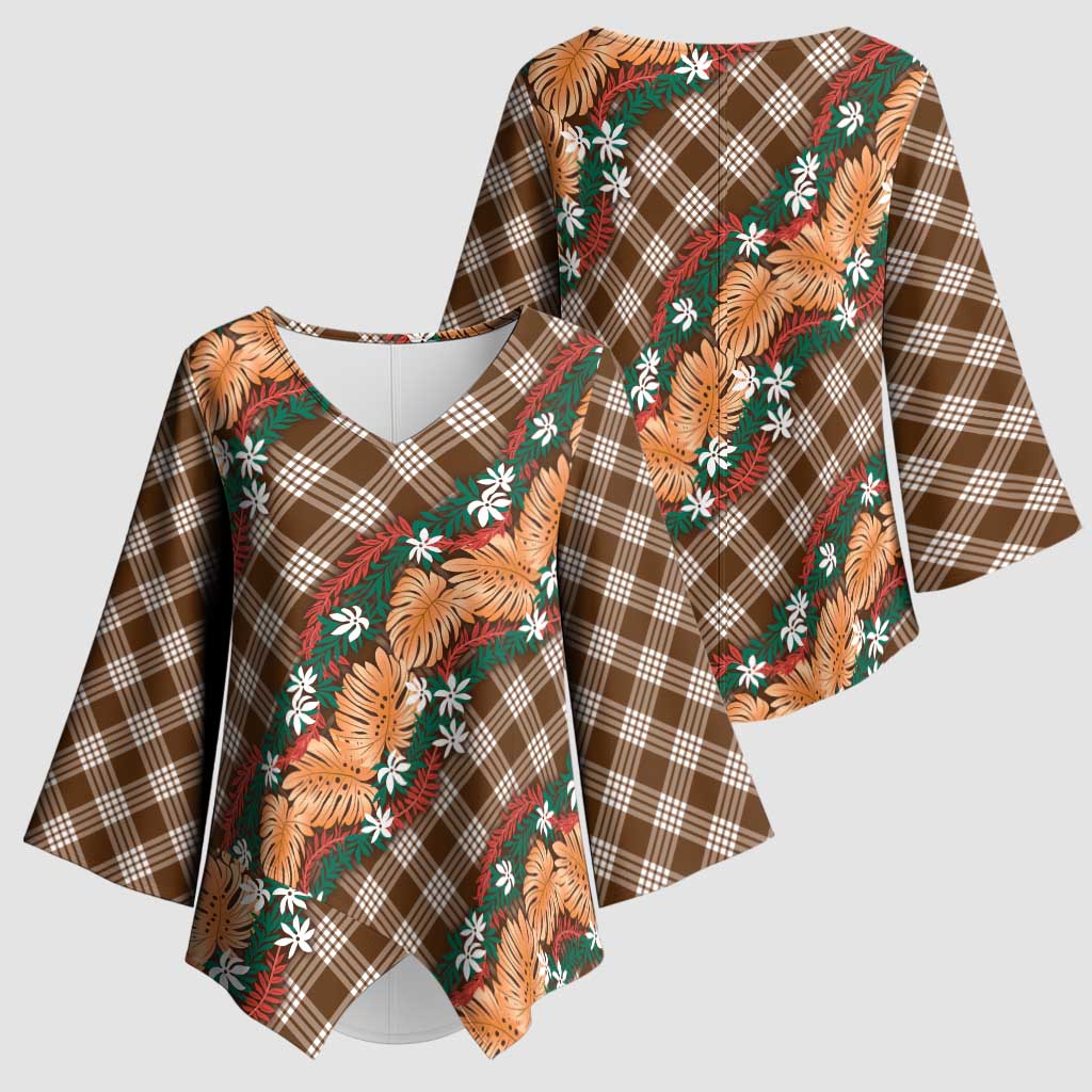 Polynesian Monstera Tiare Floral Kimono Sleeve Blouse Chocolate Brown Tropical Plaid LT01 - Polynesian Pride
