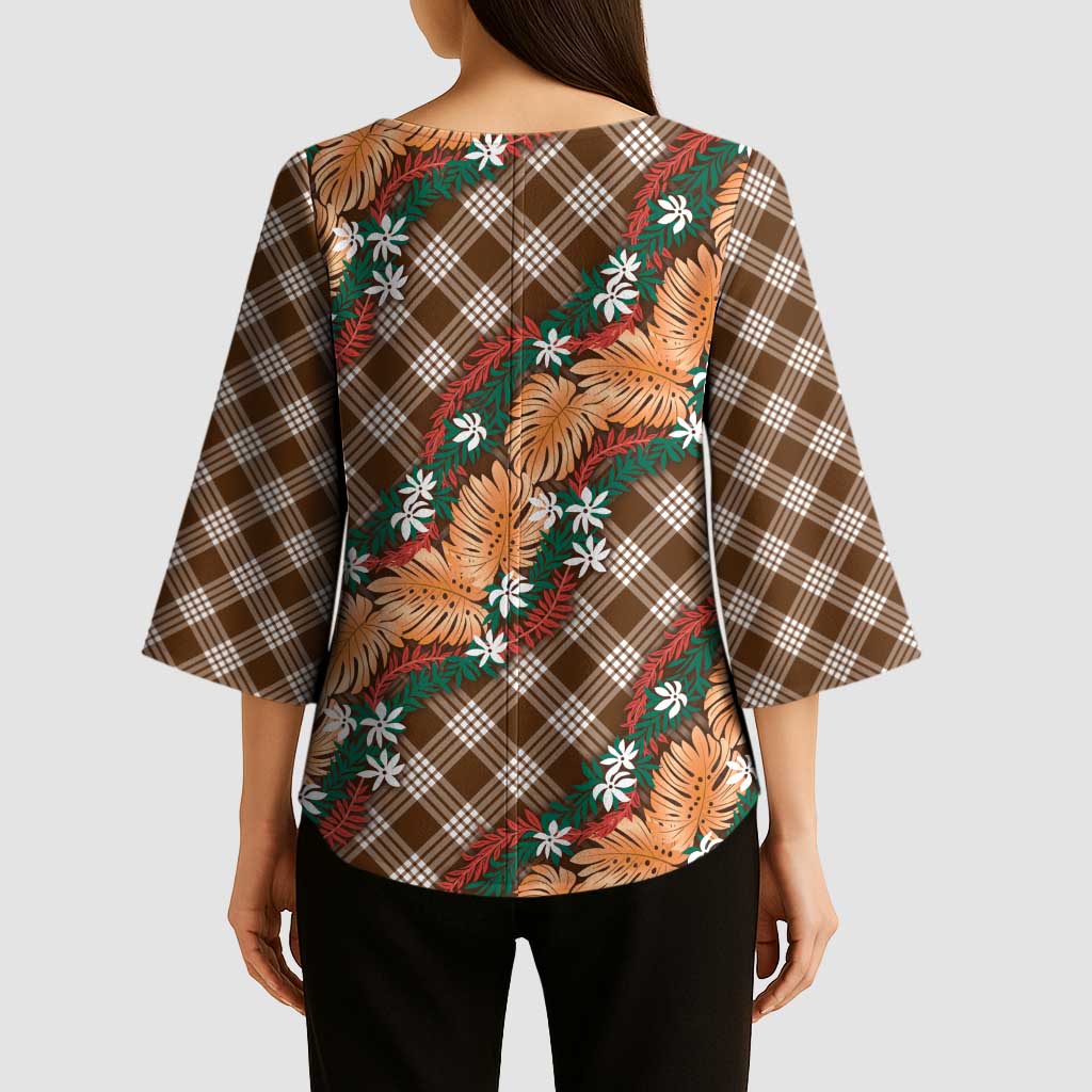 Polynesian Monstera Tiare Floral Kimono Sleeve Blouse Chocolate Brown Tropical Plaid LT01 - Polynesian Pride