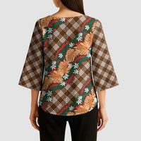 Polynesian Monstera Tiare Floral Kimono Sleeve Blouse Chocolate Brown Tropical Plaid LT01 - Polynesian Pride
