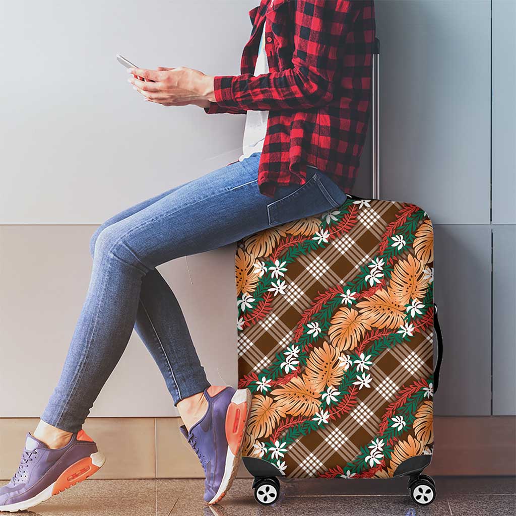 Polynesian Monstera Tiare Floral Luggage Cover Chocolate Brown Tropical Plaid LT01 - Polynesian Pride
