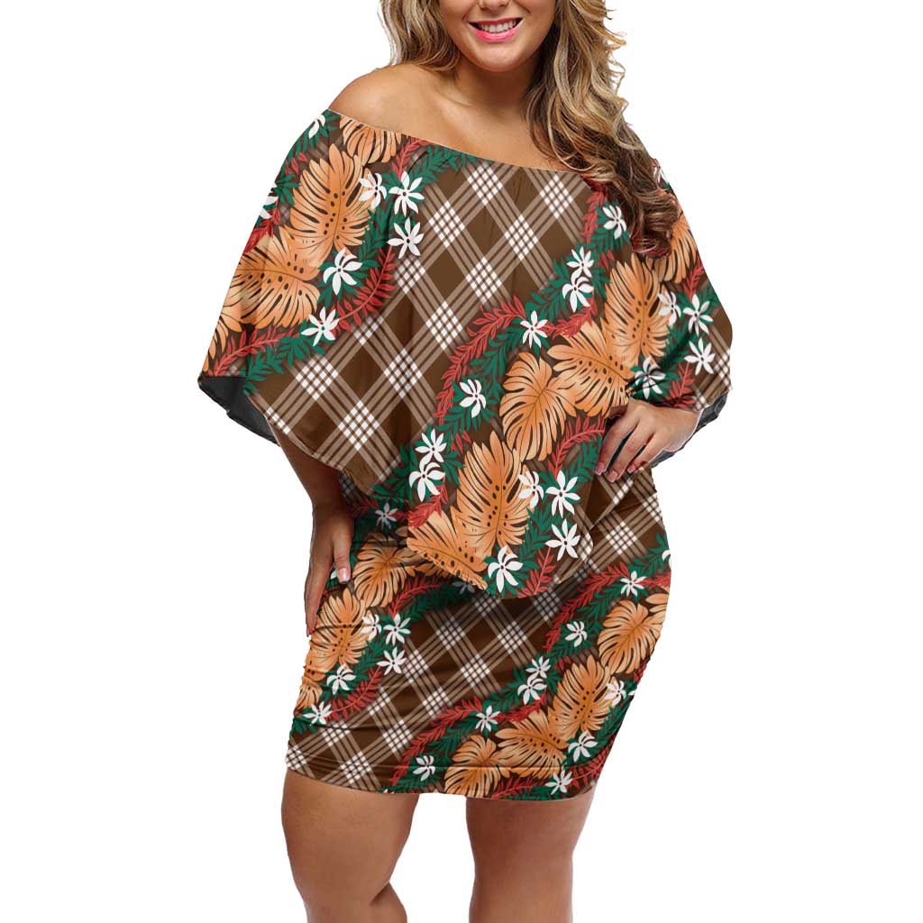 Polynesian Monstera Tiare Floral Off Shoulder Short Dress Chocolate Brown Tropical Plaid - Polynesian Pride