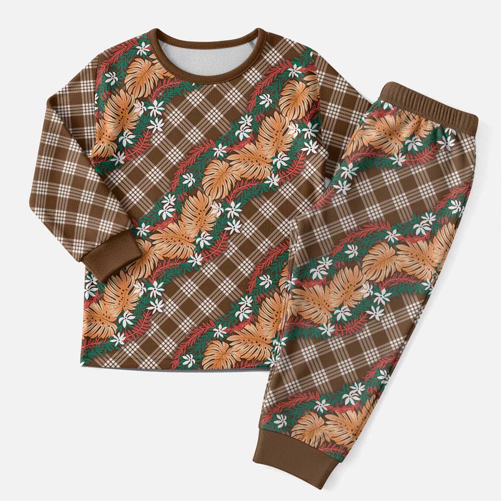 Polynesian Monstera Tiare Floral Christmas Pajama Set Chocolate Brown Tropical Plaid - Polynesian Pride