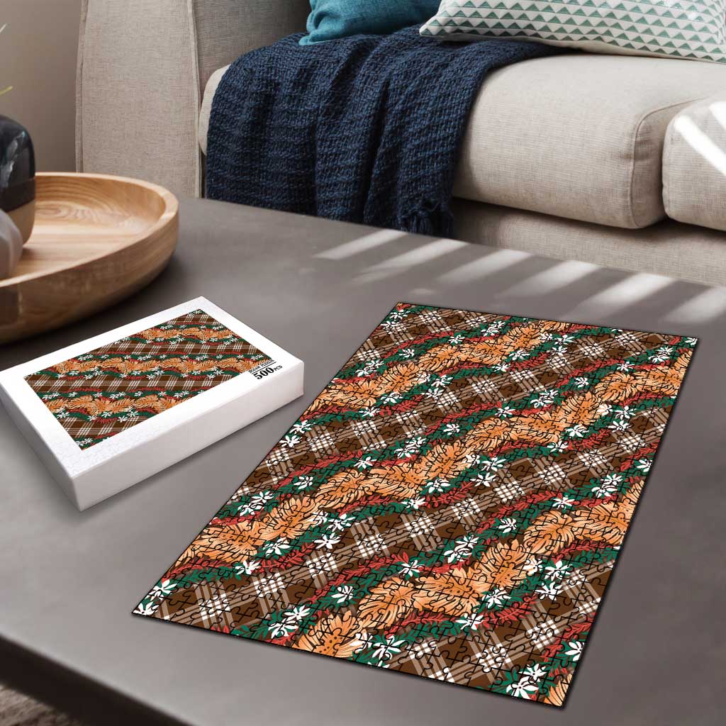Polynesian Monstera Tiare Floral Puzzle Chocolate Brown Tropical Plaid LT01 - Polynesian Pride