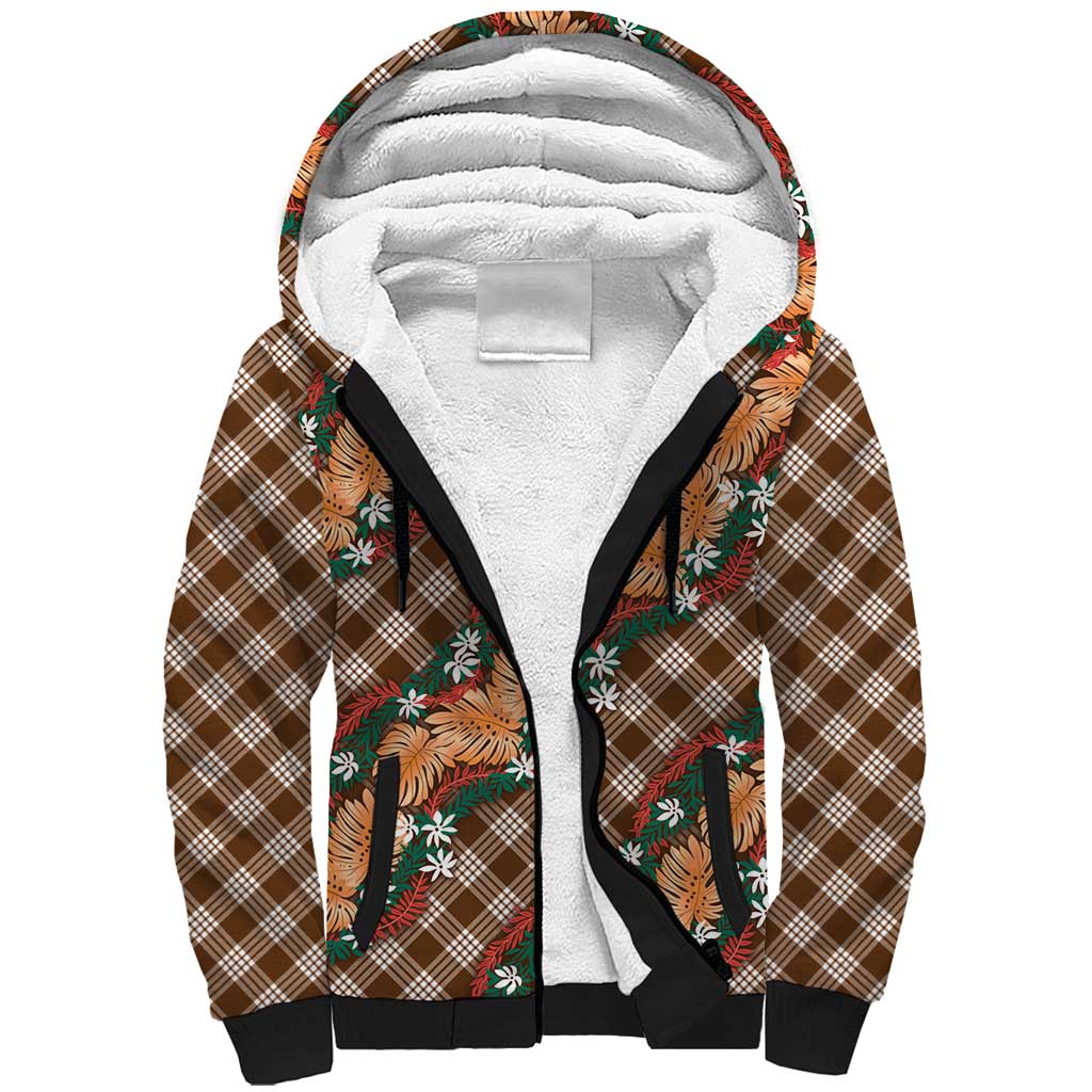 Polynesian Monstera Tiare Floral Sherpa Hoodie Chocolate Brown Tropical Plaid LT01 Unisex Brown - Polynesian Pride