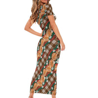 Polynesian Monstera Tiare Floral Short Sleeve Bodycon Dress Chocolate Brown Tropical Plaid - Polynesian Pride