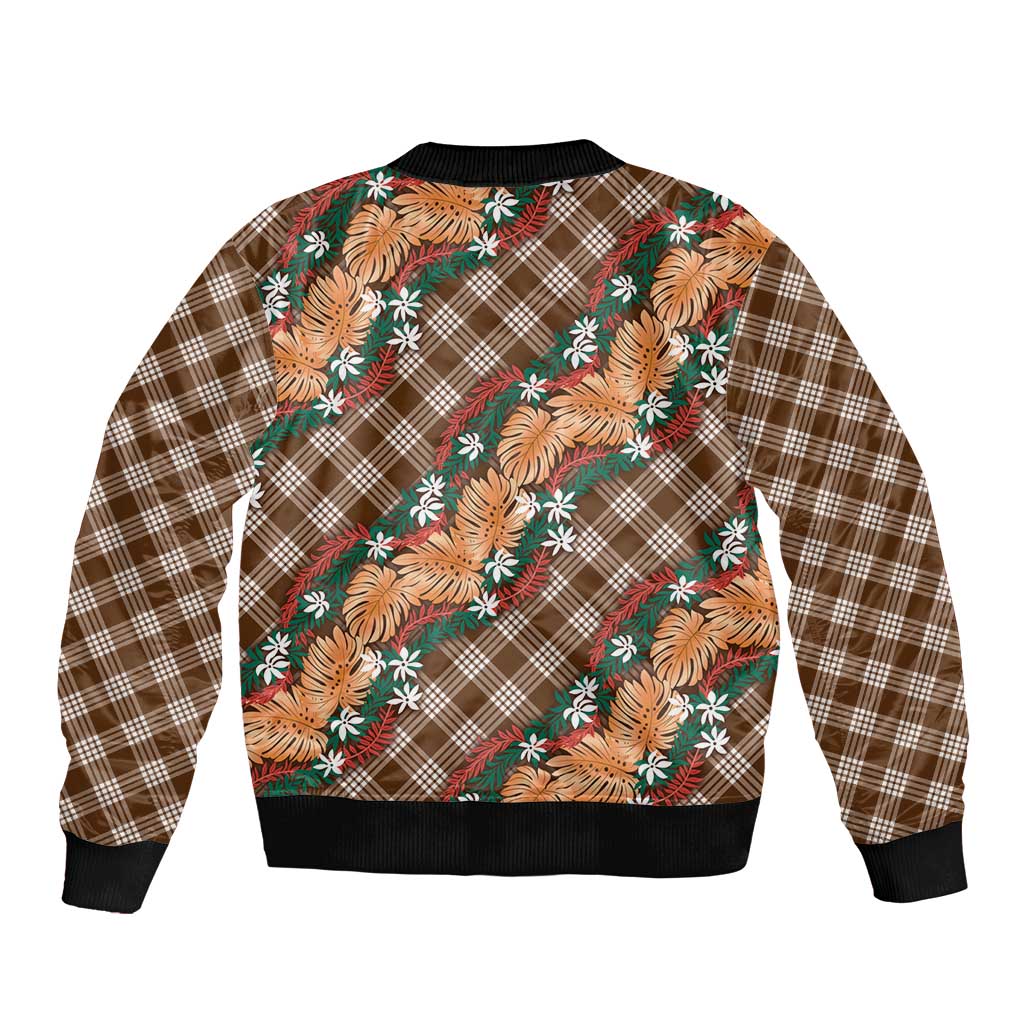 Polynesian Monstera Tiare Floral Sleeve Zip Bomber Jacket Chocolate Brown Tropical Plaid - Polynesian Pride