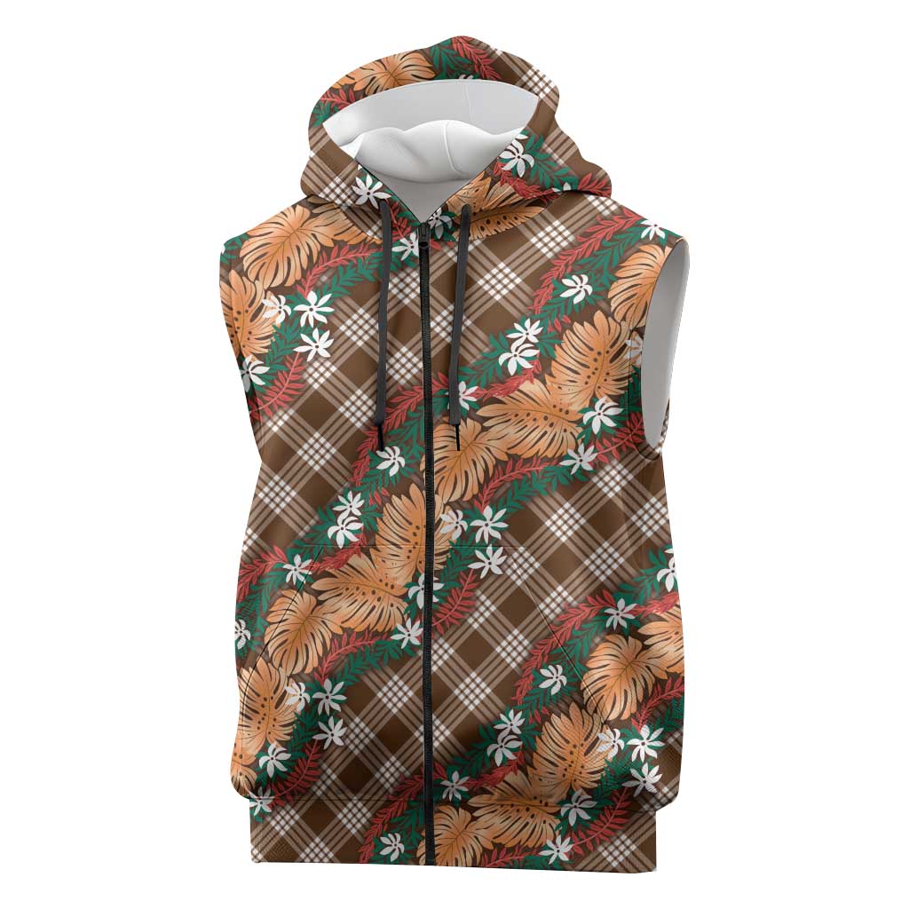 Polynesian Monstera Tiare Floral Sleeveless Zip Hoodie Chocolate Brown Tropical Plaid LT01 Brown - Polynesian Pride