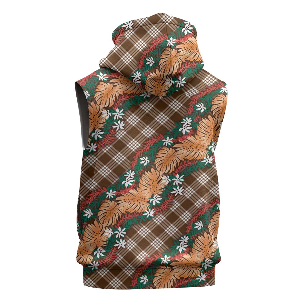 Polynesian Monstera Tiare Floral Sleeveless Zip Hoodie Chocolate Brown Tropical Plaid - Polynesian Pride