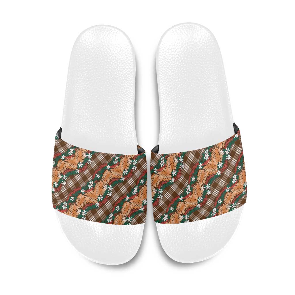 Polynesian Monstera Tiare Floral Slide Sandals Chocolate Brown Tropical Plaid - Polynesian Pride