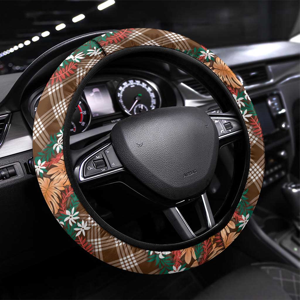 Polynesian Monstera Tiare Floral Steering Wheel Cover Chocolate Brown Tropical Plaid LT01 Universal Fit Brown - Polynesian Pride